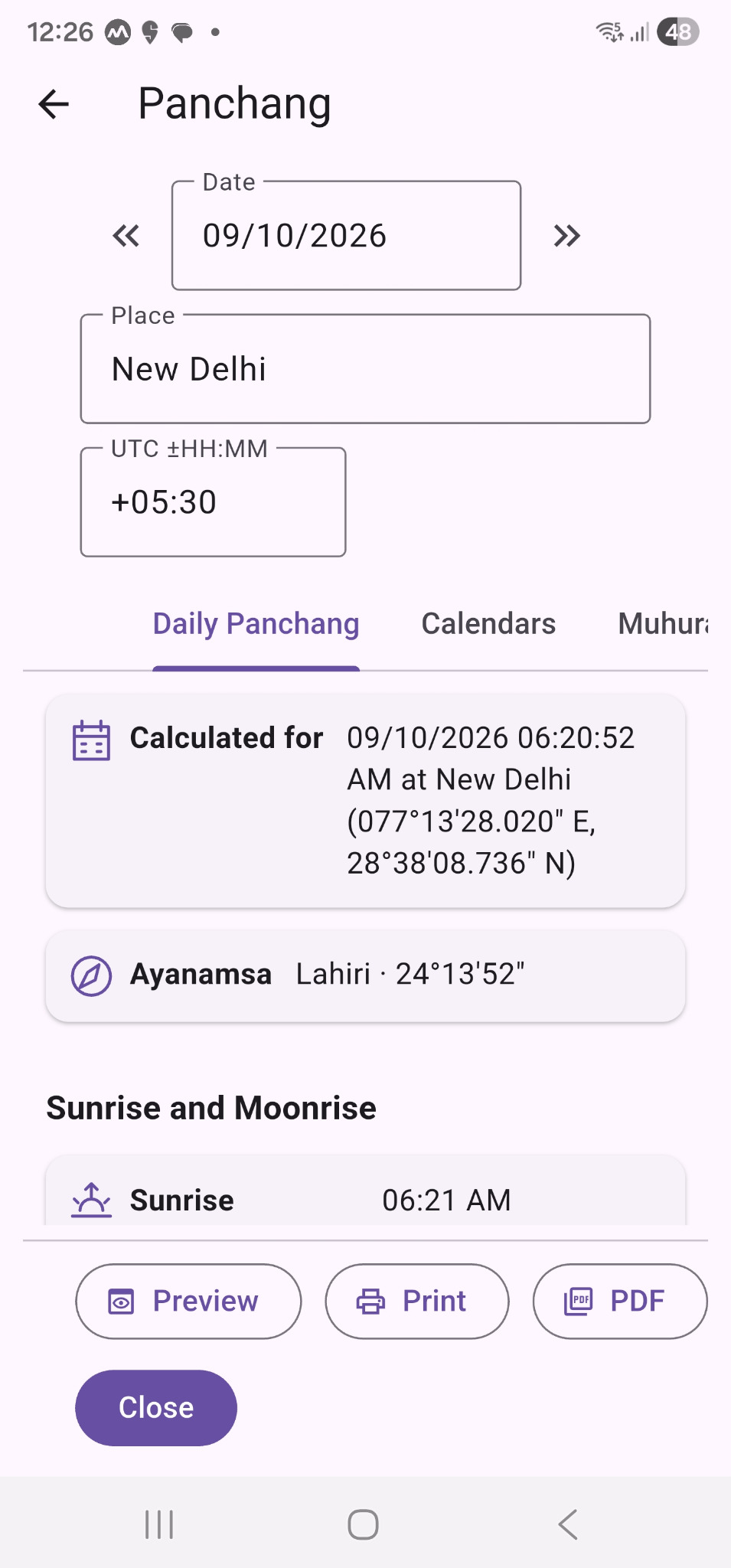 AstroWonder Neo mobile Panchang interface