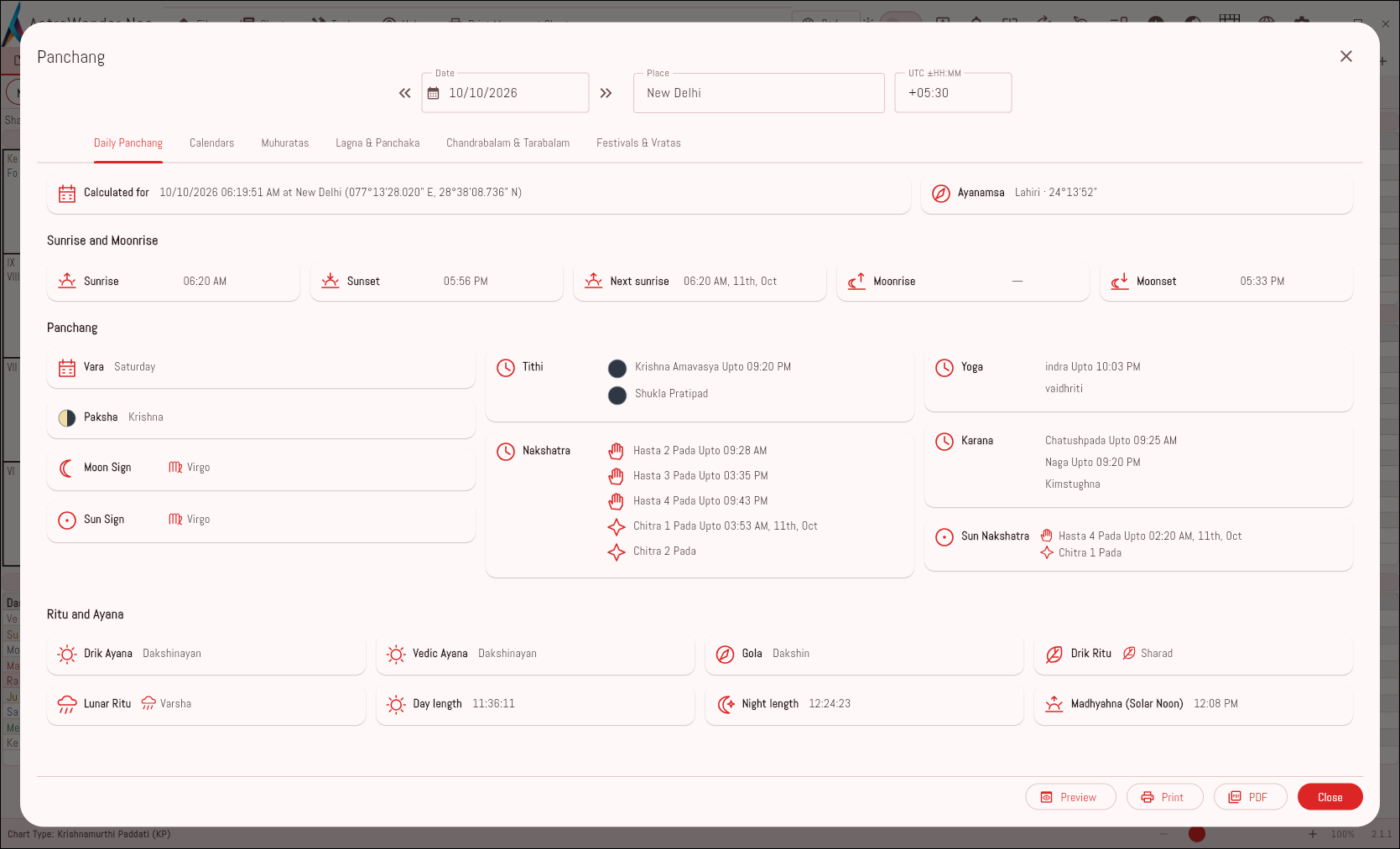 Detailed desktop Panchang with sunrise, Tithi, Nakshatra and timings
